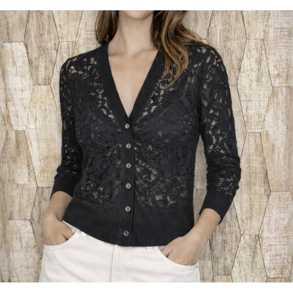 Magaschoni Black Lace V-Neck Cardigan‎ Silk Cashmere Blend Button Front XS